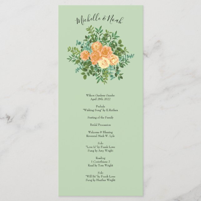 Peach Green Wedding Spring Pastel Menu (Front)