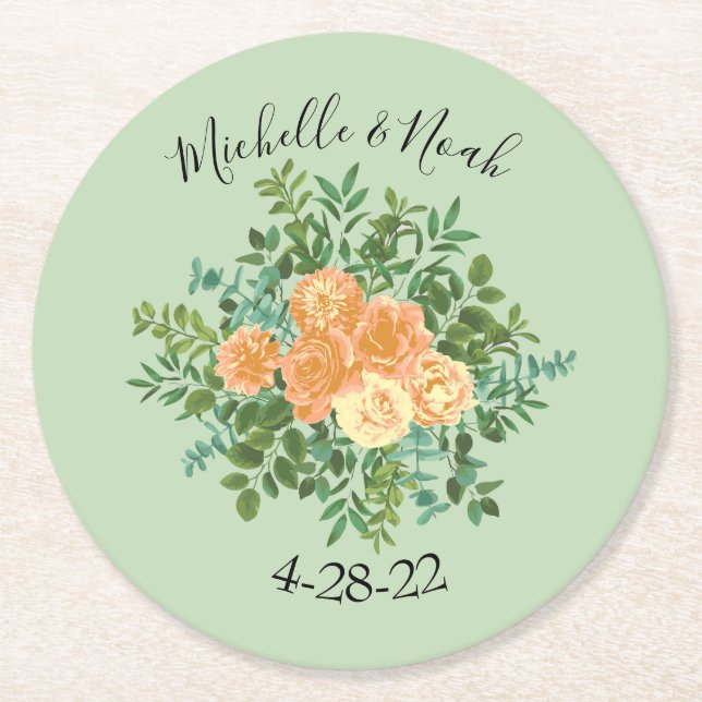 Peach Green Wedding Spring Pastel Round Paper Coaster (Front)