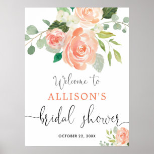 Peach greenery floral baby shower welcome sign