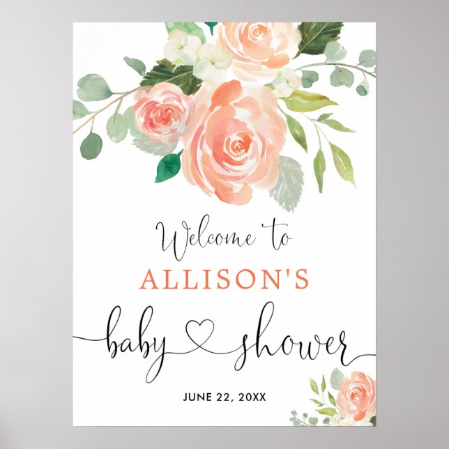 Peach greenery floral baby shower welcome sign (Front)