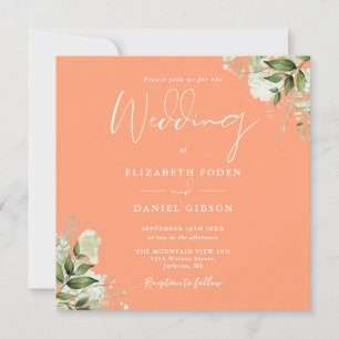 Peach Greenery Floral Photo Square Wedding Invitation