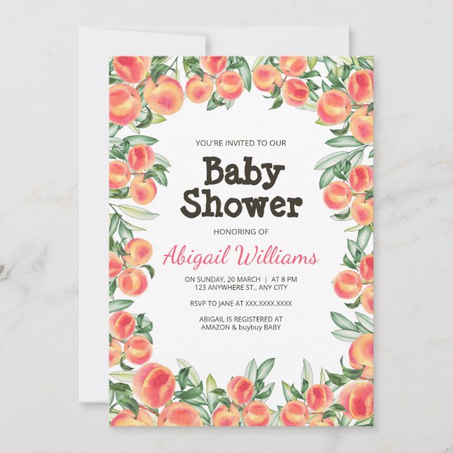 Peach Greenery Lush Spring Fruit Baby Shower Invitation (Front)