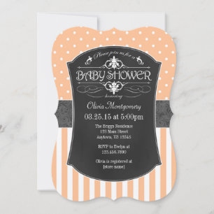 Peach Grey Chalkboard Stripes Baby Shower Invite