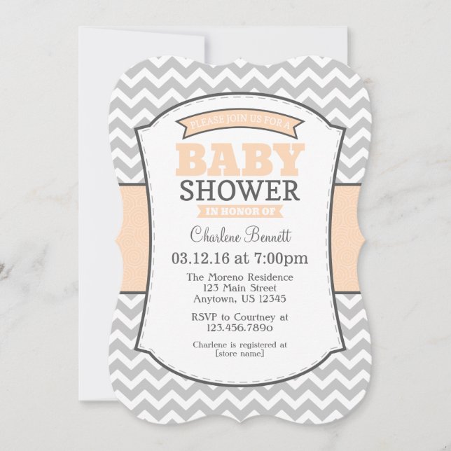 Peach Grey Chevron Baby Shower Invitation (Front)