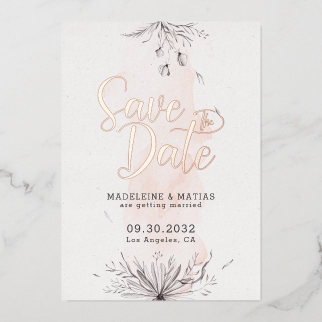 Peach & grey floral romantic wedding save the date (Front)