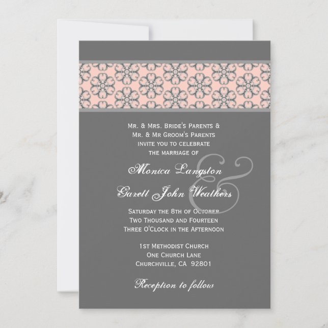 Peach Grey Pattern Insert Wedding Monogram 232E Invitation (Front)