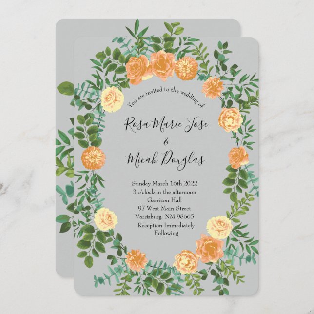 Peach & Grey Peony & Rose Floral Wedding Invitation (Front/Back)