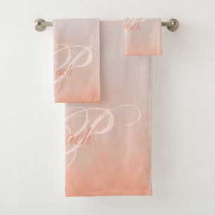 Peach grey rustic Abstract monogram Bath Towel Set