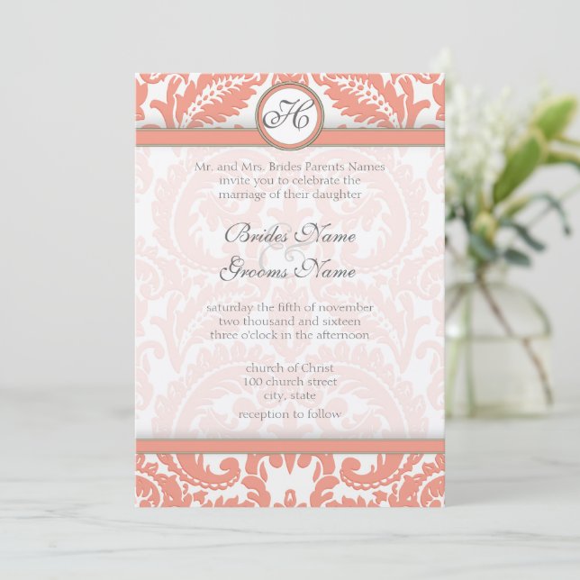 PEACH Grey Victorian Damask  Wedding Invitations (Standing Front)