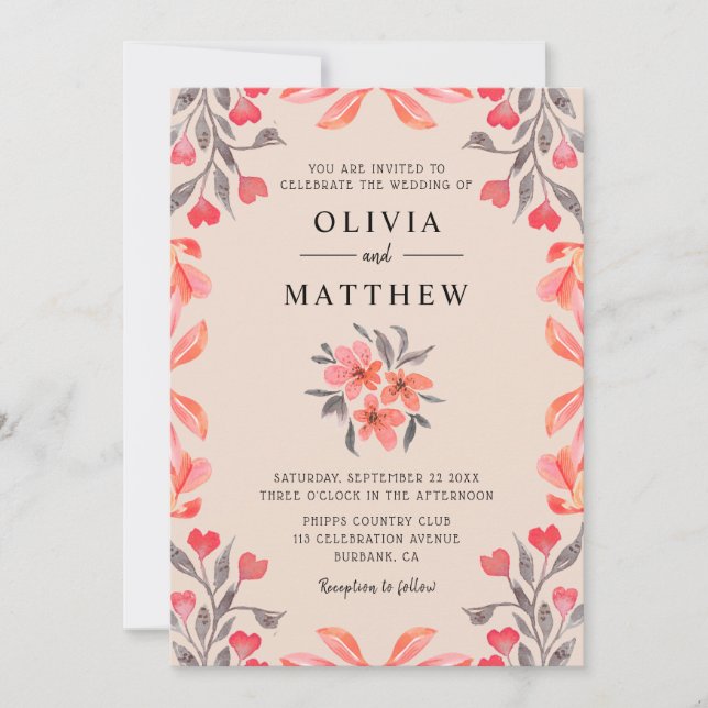 Peach Grey Watercolor Botanical Wedding Invitation (Front)