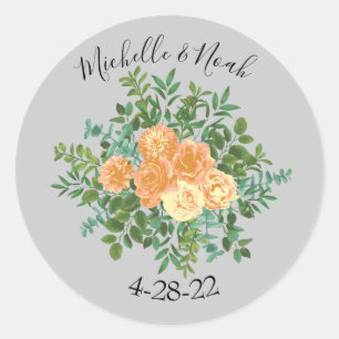 Peach Grey Wedding Spring Floral Classic Round Sticker