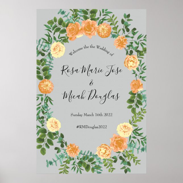 Peach Grey Wedding Spring Floral Poster (Front)