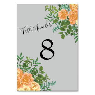 Peach Grey Wedding Spring Floral Table Number