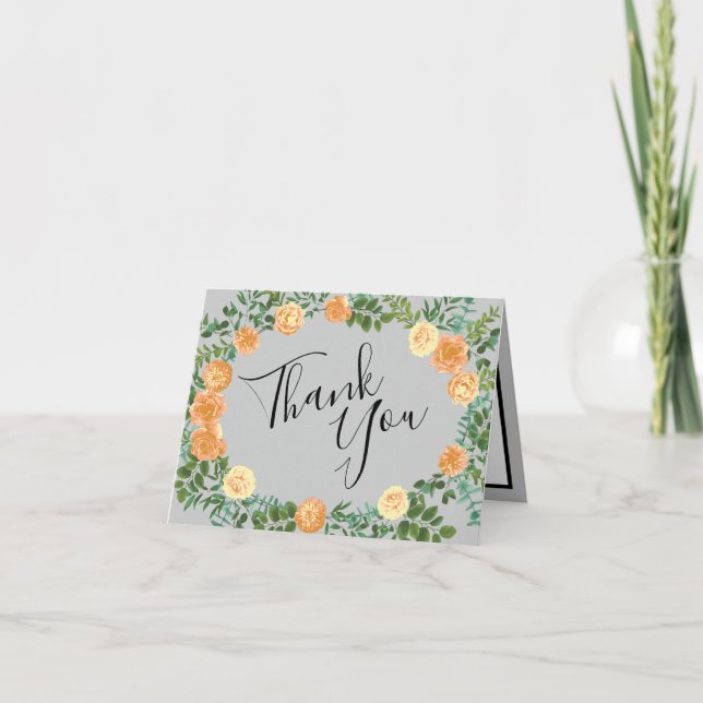 Peach Grey Wedding Spring Floral Thank You Card (Front)