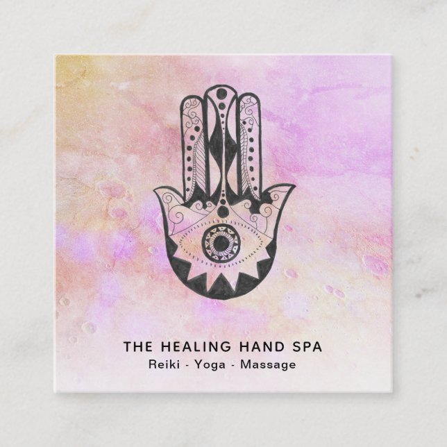 *~*  Peach Hamsa Hand of Fatima Craters of Moon Square Business Card (Front)