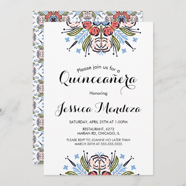  Peach Hand Drawn Floral Quinceañera Sweet 16  Invitation (Front/Back)