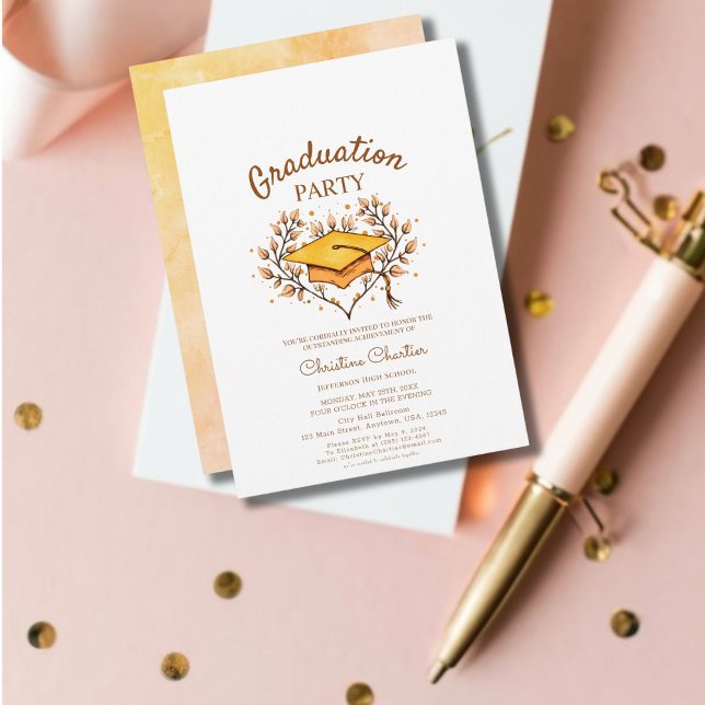 Peach Hand-drawn golden Cap graduation Invitation (Transform Your Celebration with Elegance!)