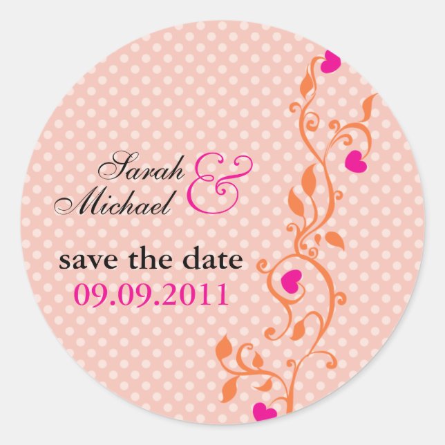 Peach Heart Vine - save the date Classic Round Sticker (Front)