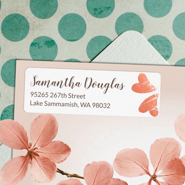 Peach Hearts Return Address Label Sheet (peach hearts brown script writing calligraphy address mailing labels stickers personalized )