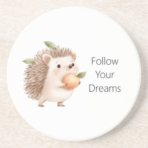 Peach Hedgehog Green Leaves Dreams Coaster