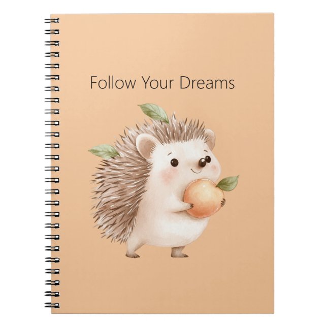 Peach Hedgehog Green Leaves Dreams Notebook (Front)