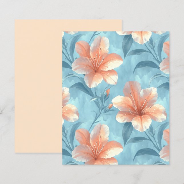 Peach Hibiscus Floral on Soft Blue Scrapbook Paper (Front/Back)
