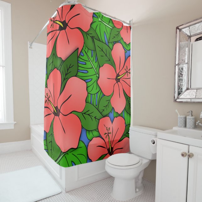 Peach Hibiscus & Monstera #2 Shower Curtain (In Situ)