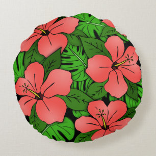 Peach Hibiscus & Monstera Round Cushion