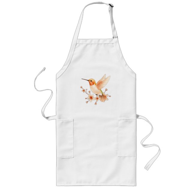 Peach Hummingbird with Flower Motifs Long Apron (Front)