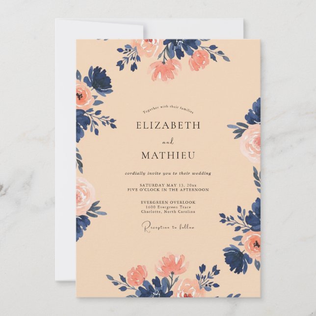 Peach Indigo Botanical Delight Wedding Invitation (Front)