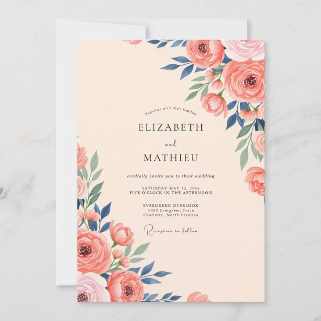 Peach Indigo Botanical Spring Wedding Invitation (Front)
