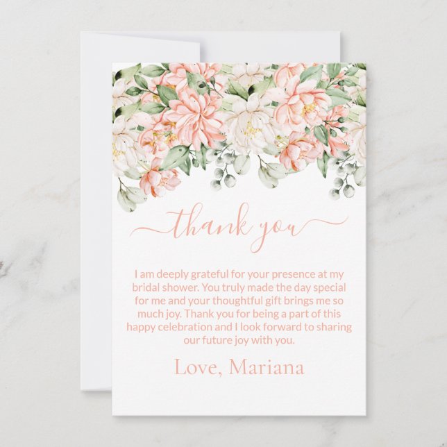 Peach Ivory Floral Bridal Shower Thank You Card (Front)