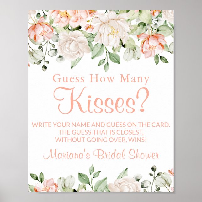 Peach Ivory Floral Kisses Bridal Shower Game Sign (Front)