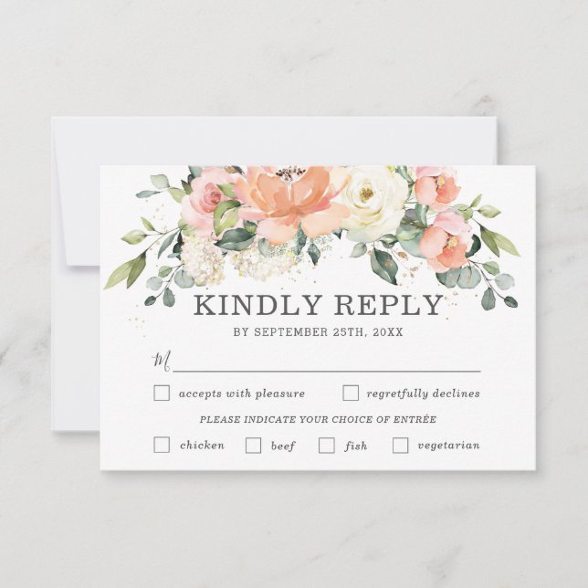 Peach Ivory Floral Wedding Meal Choice RSVP Card (Front)
