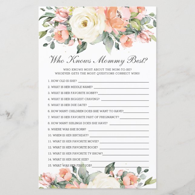 Peach Ivory Floral Who Knows Mummy Best Party Game (Front)