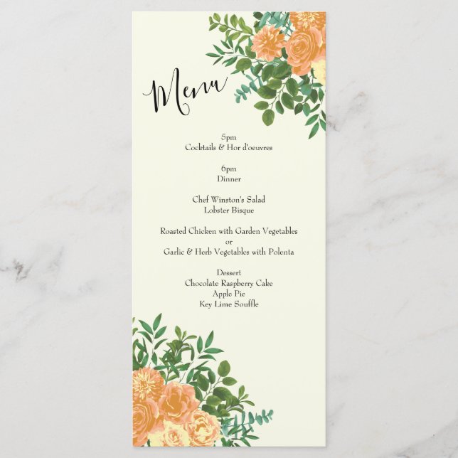 Peach & Ivory Peony & Rose Floral Wedding Menu (Front)