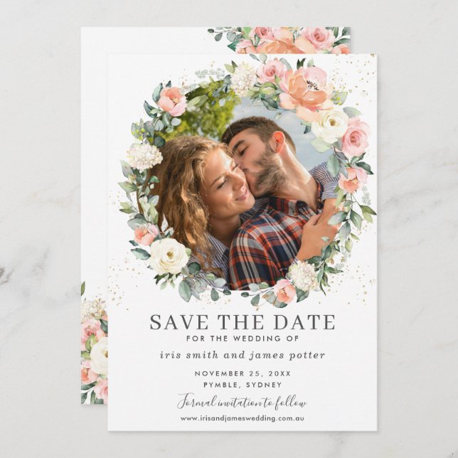 Peach Ivory Pink Floral Photo Save the Date Card (Front/Back)