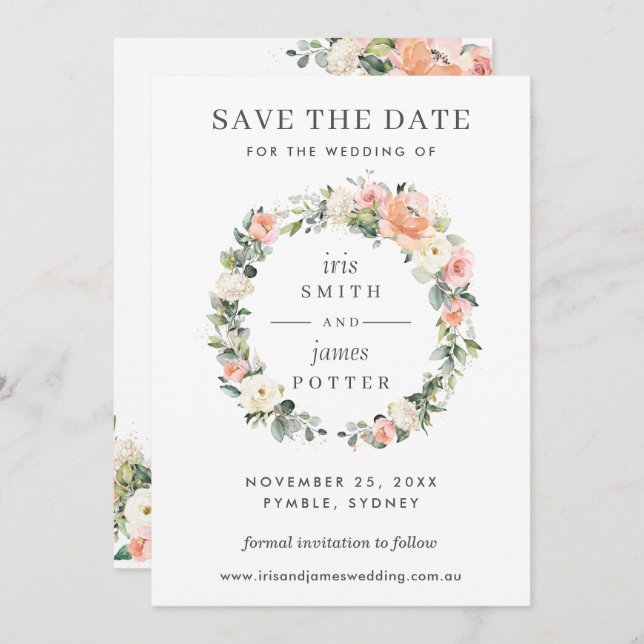 Peach Ivory Pink Floral Wedding Save the Date Card (Front/Back)