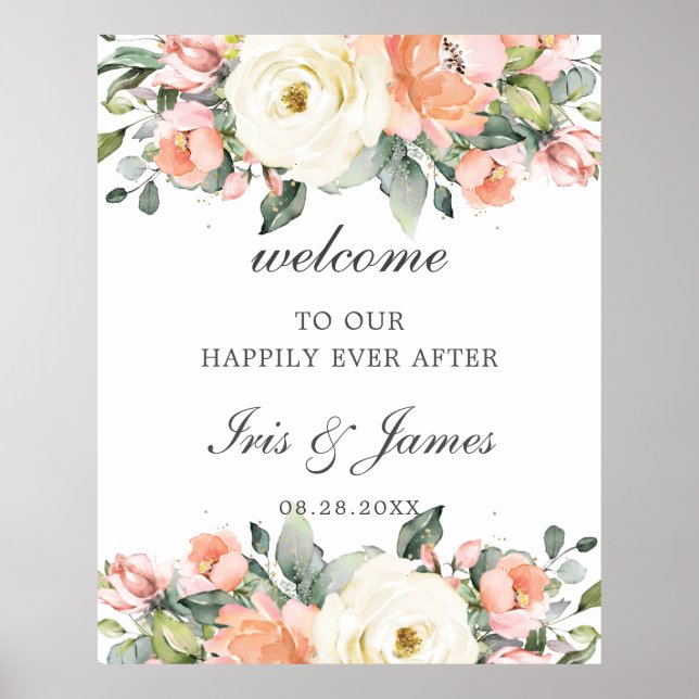 Peach Ivory Pink Floral Wedding Welcome Sign (Front)