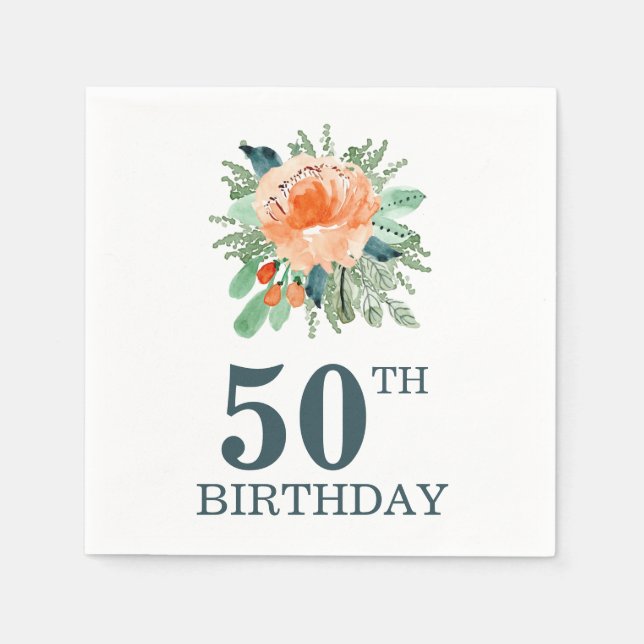 Peach Jade Teal Floral Watercolor Birthday Napkin (Front)