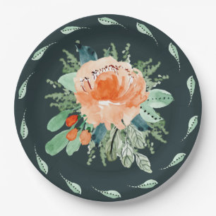 Peach Jade Teal Floral Watercolor Birthday Paper Plate