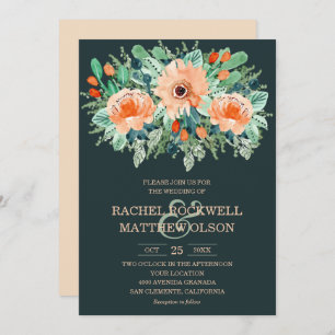 Peach Jade Teal Floral Watercolor Wedding Invites