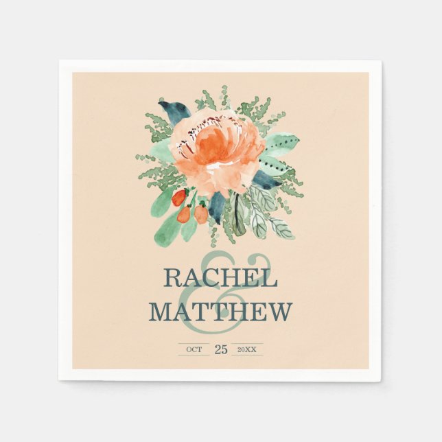 Peach Jade Teal Floral Watercolor Wedding Napkin (Front)
