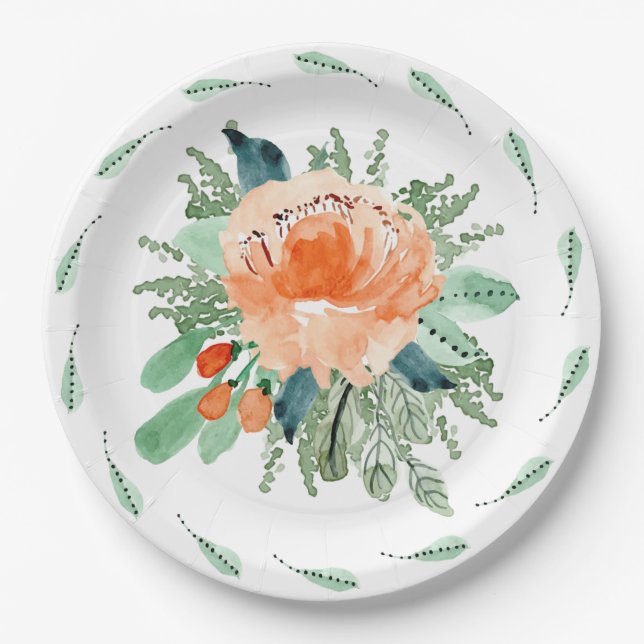 Peach Jade Teal Floral Watercolor Wedding Paper Plate (Front)