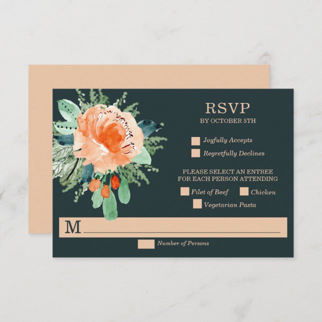 Peach Jade Teal Floral Wedding RSVP Cards (Front/Back)