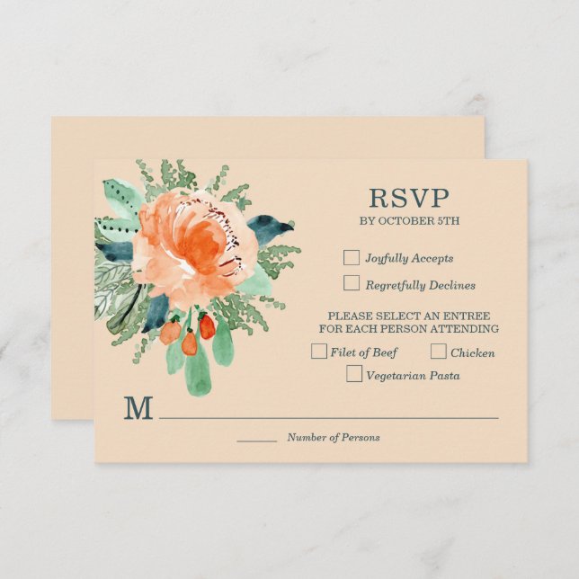 Peach Jade Teal Floral Wedding RSVP Cards (Front/Back)