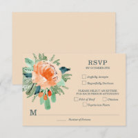 Peach Jade Teal Floral Wedding RSVP Cards