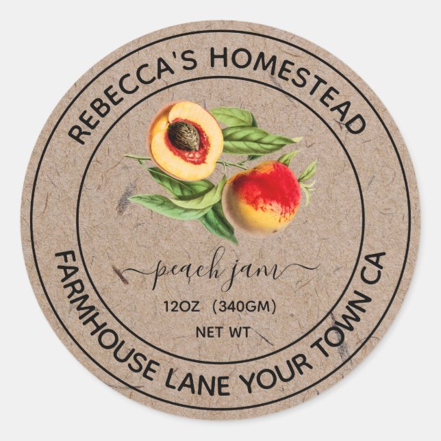 Peach Jam Kraft Paper Canning Jar Labels (Front)
