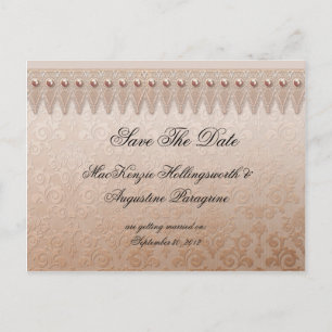 Peach Lace and Damask Save The Date Announcement Postcard