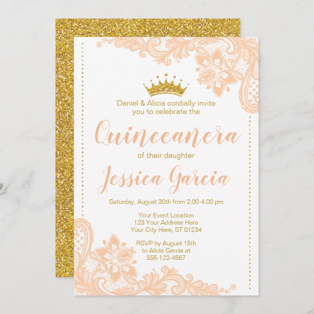 Peach Lace and Glitter Gold Princess Quinceañera Invitation (Front/Back)